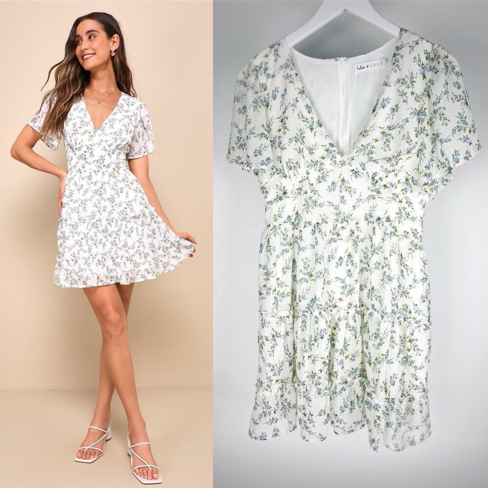 Lulus Lush White w/ Blue Floral Print Ruffled Tiered Short Maxi Dress Sz S Boho